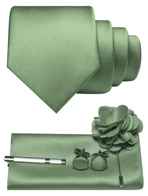 Obrázok produktu pre Sada pánskych doplnkov: zelená kravata z tkaniny twill, jednoštvorcová, s vreckovkou, manžetovými sponami a sponou na kravatu. Materiál: polyester. Rozmery: 148x8 cm