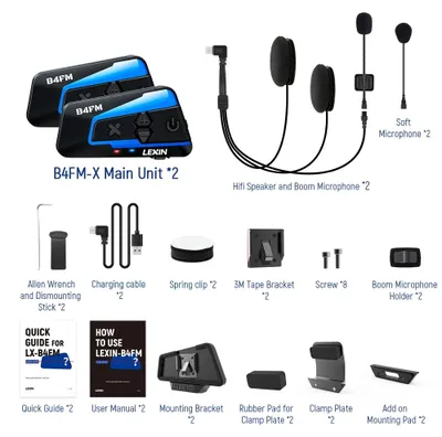 Produktbild von Bluetooth-Motorrad-Intercom - B4FM-X Helm-Headset - Doppelpack 2 Stück - Bluetooth 5.0 - Intercom für 6–10 Fahrer - Reichweite 2000 m - IP67-wasserdicht