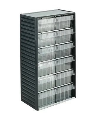 A gray storage cabinet with multiple clear drawers.