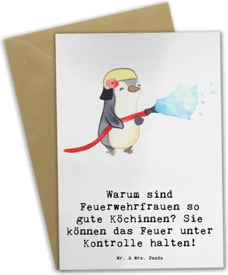 Produktbild von Mr. & Mrs. Panda Klappkarte Feuerwehrfrau Köchin - Weiß - Geschenk, einladungskarten, Berufsliebe, Berufspassion, weihnachtskarten, Mut, Beileidskarte, Tapferkeit, Beruf