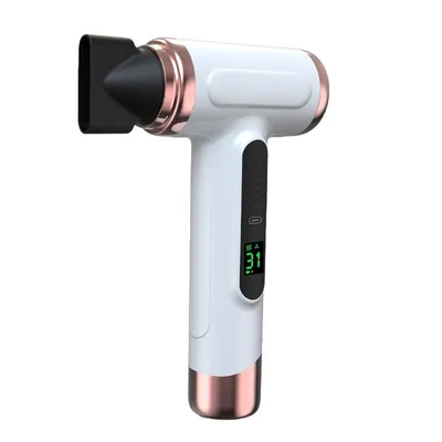A white and rose gold hair dryer on a white background.