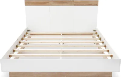 Obrázek produktu pro Dvoulůžko Sweiko Dřevěná postel Plovoucí postel s čelem z rámu postele a lamelového roštu-205x164x90,5 cm(D/W/H) v barvě dub Sonoma/bílá (bez matrace)