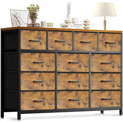 Immagine prodotto di Comodino con 13 cassetti rivestiti in tessuto, struttura in acciaio, piano in legno, dimensioni 140 x 30 x 101 cm