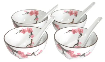 Produktbild von 775 Matcha Reisschalen 4 er Set mit 4 Löffel (8 Teile) Sakura – Kirschblüte ø 11 cm
