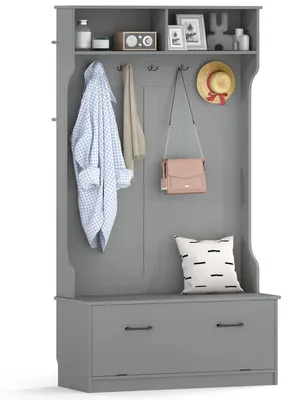 Produktbild von COSTWAY Garderobenständer, Kleiderständer mit Ablage, Schuhregal, 2 Fächern & 5 Haken, Garderobenschrank für Flur, Wohnzimmer, 100 x 40 x 180 cm, Grau