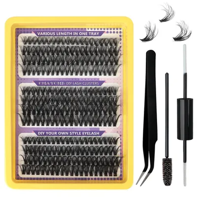 Immagine prodotto di Set di extension per ciglia, 240 pezzi, forma a "D", lunghezza da 10 a 16 mm, per applicazione fai-da-te, con colla, pinzette e pennello