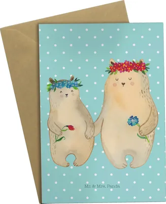 Produktbild von Mr. & Mrs. Panda Glückwunschkarte Bären mit Blumenkranz - Türkis Pastell - Geschenk, weihnachtskarten, Tochter, einladungskarten, dankeskarten, Family, Muttertag, Mama