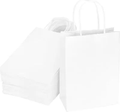 Produktbild von 60 Stk. weiß Papiertüten mit Henkel 15x21x8cm Kleine Papiertragetaschen mit Flachgriff Kraftpapiertüten als Geschenktüten & Tüten