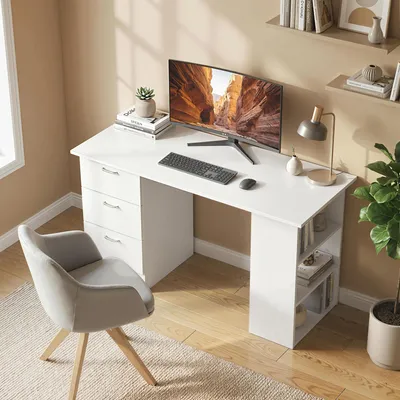 Produktbild von Sweiko Schreibtisch Computertisch Bürotisch Arbeitstisch Regal mit 3 Schubladen Regale Weiß 120 x 49 x 72 cm