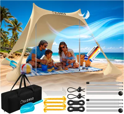 Produktbild von ELONEO Strandzelt Sonnensegel LSF 50+ UV Schutz Windschutz Strand Zubehör Zelt, Creme - 200x170x150 cm