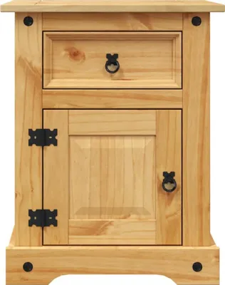 A close-up frontal view of a wooden nightstand.
