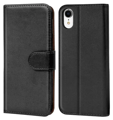 A black flip case for a smartphone is shown from the front and back.