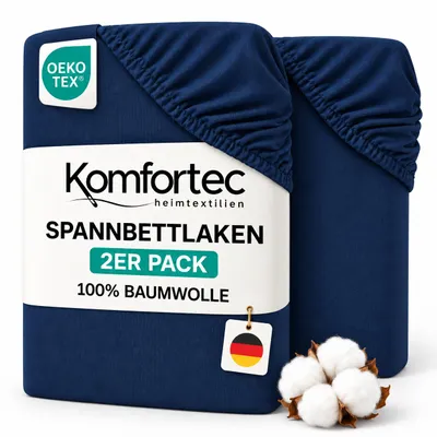 Produktbild von Komfortec 2er Pack Jersey Spannbettlaken 90x200 cm, 100% Baumwolle, Doppelpack Spannbettuch, Blau