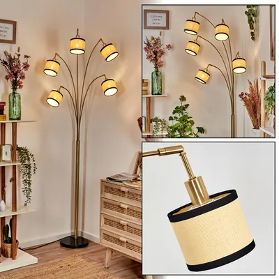 Produktbild von Tamarispa Stehlampe Metall/Papiergeflecht/Stoff, Schwarz/Messing gebürstet/Natur