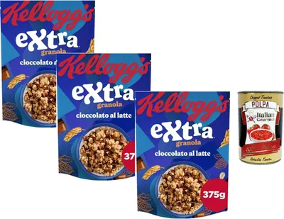 Produktbild von Extra Granola Müsli Milchschokolade knusprige Haferflocken 3x375g Familienpackung ohne Palmöl reich an Ballaststoffen Frühstück + Italian Gourmet polpa