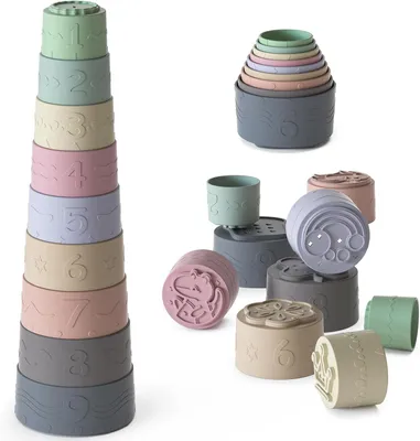 Imagen del producto de Juego de vasos apilables para bebés, de 9 piezas, de silicona, de colores, para niños de 3 a 12 meses, juguete educativo