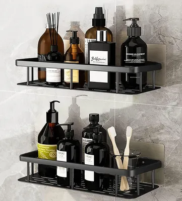 Produktbild von Duschablage, 2er rostfreies Duschregal Set, Duschorganizer ohne Bohren, platzsparendes Aluminium Duschkorb Duschablage, Selbstklebend - Schwarz