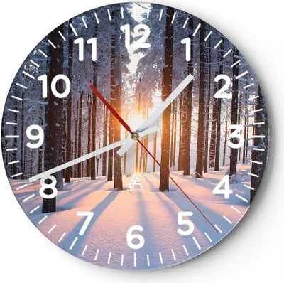 Produktbild von Wanduhr - Rund - Glasuhr - Wald Winter Schnee - 40x40cm - Schleichendes Uhrwerk - Lautlos - zum Aufhängen bereit - Dekoration Modern - Wanddekoration aus Glas - C4AR40x40-3629