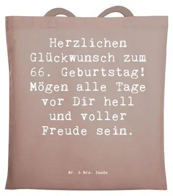 Produktbild von Mr. & Mrs. Panda Tote Bag Spruch 66. Geburtstag Glückwünsche - Braun Pastell - Geschenk, liebevolle Karte, Unitasche, Happy Birthday, Schultasche, Beutel, Glück