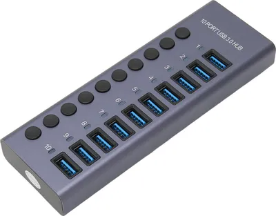 Zdjęcie produktu dla 10-portowy koncentrator USB 3.0 o mocy 60 W z indywidualnymi przełącznikami zasilania LED Stacja dokująca USB 3.0 w obudowie ze stopu aluminium Zasilacz 60 W 12 V 5 A Wtyczka 100-240 V UE