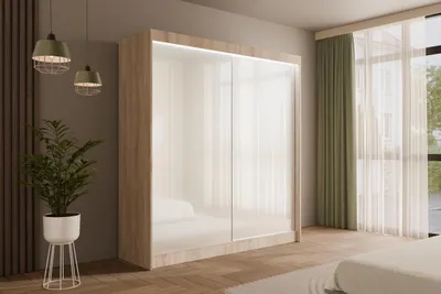 Produktbild von ALTDECOR Kleiderschrank mit Lacobel-Schiebetüren, kugelgelagerte Führungsschienen und Aluminium- Leisten, LED-Beleuchtung (weiß + 16 Farben) und Fernbedienung - PEKA - 200 cm Sonoma /  Weiß