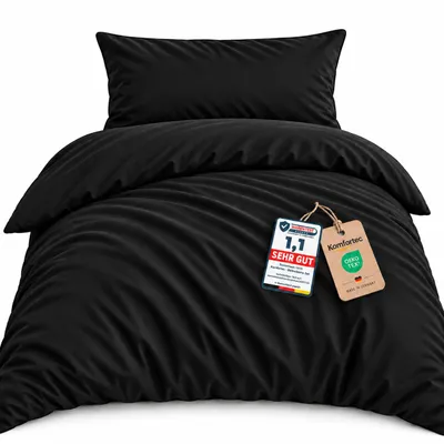 Produktbild von Komfortec Premium Bettwäsche 155x220 cm Bettbezug + 40x80 cm Kissenbezüge, gebürstet 100% Polyester-Mikrofaser 120 g/m², Bettwäsche-Set, Schwarz