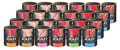 Zdjęcie produktu dla Rafi Mokra Karma dla Dorosłych Psów 6 Smaków Puszka Zestaw 24 x 400 g