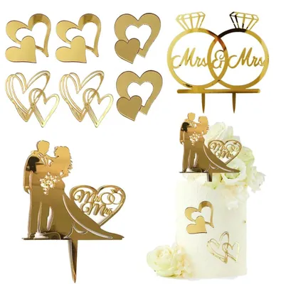 8 personalisierte Tortenaufsätze aus Acryl, gold, für Hochzeitstorte