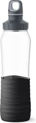 Produktbild von Emsa fľaša na pitie "Drink2Go", sklo, 0,7 l, silikónový obal, čierna