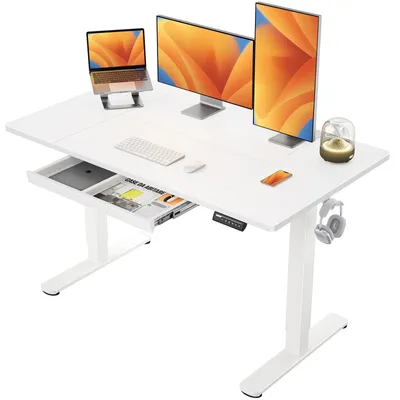 Höhenverstellbarer Schreibtisch mit Schublade, 140 x 80 cm, Weiß