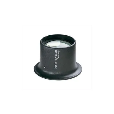 A black loupe with a glass lens sits on a white background.