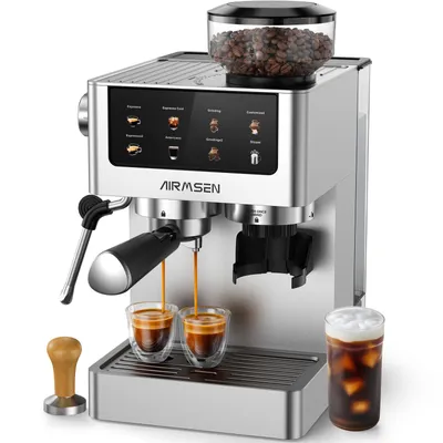 Produktbild von AIRMSEN Espressomaschine mit integriertem Mahlwerk, 20 Bar, Kaltbrühfunktion, individuell einstellbare Mahlgeschwindigkeit und Kaffeeflussmenge