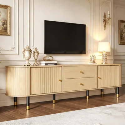Obrázek produktu pro Nízky televizní stolek, rozměry 180x40x58 cm, oválný tvar, posuvné dvířka, 2 zásuvky, vzhled dřeva