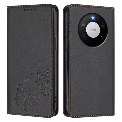 Image de Étui en cuir pour Huawei Mate 80 Pro, étui de protection type portefeuille en cuir gaufré « papillon » avec support, noir