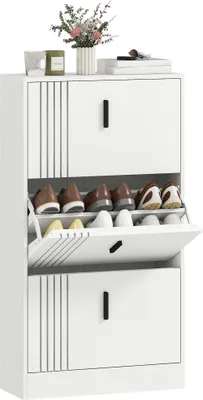 Image de HOMCOM Meuble à chaussures à 3 abattants, 18 paires, armoire à chaussures 3 compartiments, grande capacité pour entrée, couloir, salon, 63 x 24 x 117 cm, blanc