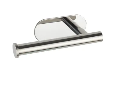 A chrome toilet paper holder mounted on a wall.