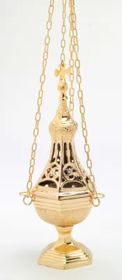 Produktbild von Weihrauchfass mit Kette zum Hängen aus Messing Gold poliert Höhe 31 cm mit Innenschale aus Stahl für die Räucherkohle