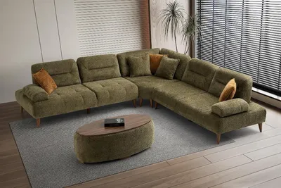 Zdjęcie produktu dla Projektant Zielona sofa w kształcie litery L Tapicerowana sofa narożna Elegancka sofa narożna