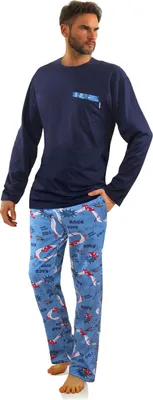 Produktbild von Sesto Senso Herren Pyjama Set - Langarm, Lange Hose, 100% Baumwolle, Komfortabel mit Autodruck, Praktische Taschen, Verstellbarer Bund, Farbe: Dunkelblau, Haus- und Schlafanzug, Hergestellt in Polen M