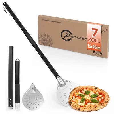 Produktbild von Pizzaschieber mit abnehmbarem Griff, 7 Zoll, aus Aluminium mit Löchern