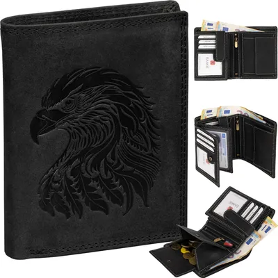 Produktbild von Geldbörse Herren Echt Leder RFID Portemonnaie Büffelleder mit geprägtem Motiv Schwarz Hochformat Adlerkopf