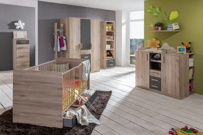 Produktbild von Babyzimmer Cariba  8 teiliges Komplett Babyzimmer Set in Eiche San Remo und Graphit, Babyzimmermöbel komplett, Babyzimmerset