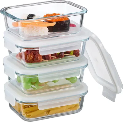 Immagine prodotto di Contenitori ermetici con coperchio - Vetro - Set da 4 - 640 ml - Contenitori per la preparazione dei pasti - A tenuta stagna - Contenitori per alimenti - Trasparenti