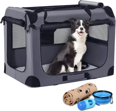 Image de Cage de transport pour chiens pliable - Boîte de voyage pour animaux - Transport sûr - Inclut un bol de nourriture - 81 x 58 x 58 cm - Gris
