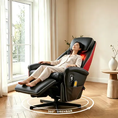 Produktbild von Massagesessel 360° drehbar Relaxsessel Heizfunktion Verstellbar Fernsehsessel Massage Liegefunktion TV Sessel Lederoptik Schwarz/Rot