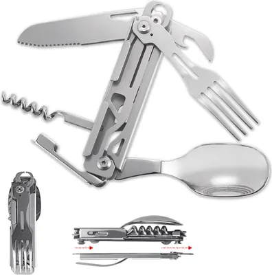 Produktbild von Reise Camping Edelstahl Klappbesteck Besteck Set 6in1 Essbesteck BW Feldbesteck