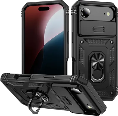 Produktbild von iPhone Air Hülle, Schiebe Kamera Schutz Stoßfest Schutzhülle mit Ringhalterung Ständer für iPhone Air Schwarz