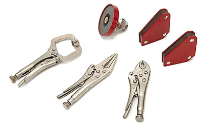 Immagine prodotto di Set pinze autobloccanti in metallo, kit pinze saldatura morsetti da falegname a sgancio rapido -pinza autobloccante per fai da te e hobby, con squadra magnetica per saldatura, rosso, 6 pezzi premium HBM Machines Olanda