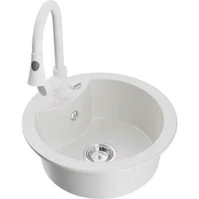 Zdjęcie produktu dla Mexen Diego zlewozmywak granitowy 1-komorowy z baterią kuchenną Elia, biały - 6512-20-670101-20