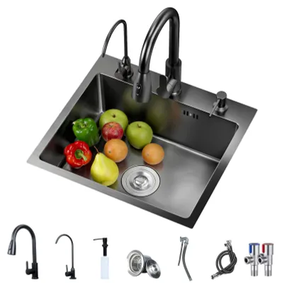 Produktbild von Küchenspüle, schwarze Einbauspüle, Edelstahl-Einzelbeckenspüle, Küchenarmatur-Set, Eckspüle für Küchenarbeitsplätze